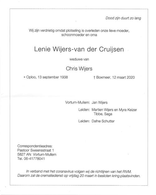Overlijden Lenie Wijers