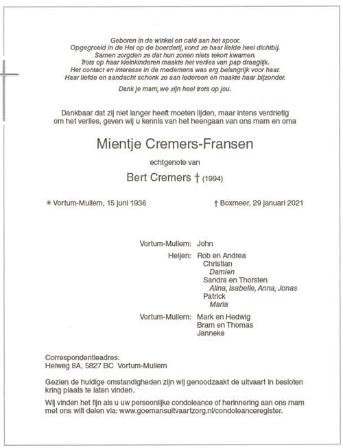 Overlijdingsbericht Mientje Cremers