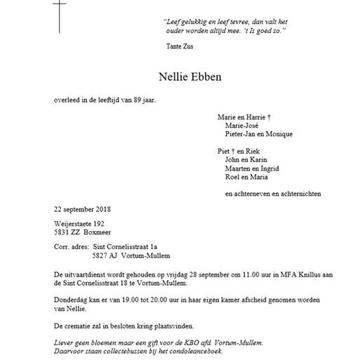 Overlijden Mevr. Ebben