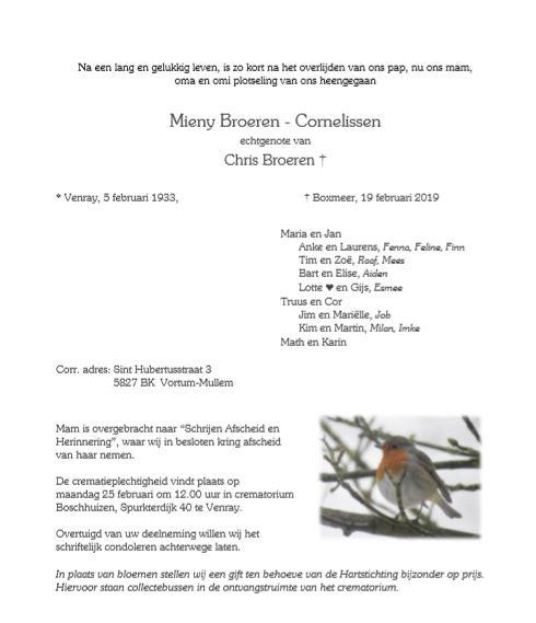 Overlijden Mieny Broeren